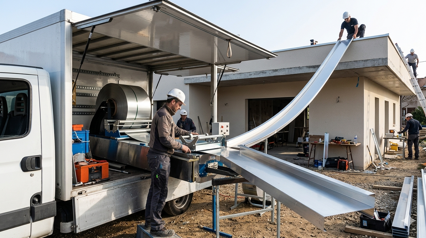 Machine de profilage en continu de couvertine aluminium embarquée dans un camion d'artisan sur un chantier.