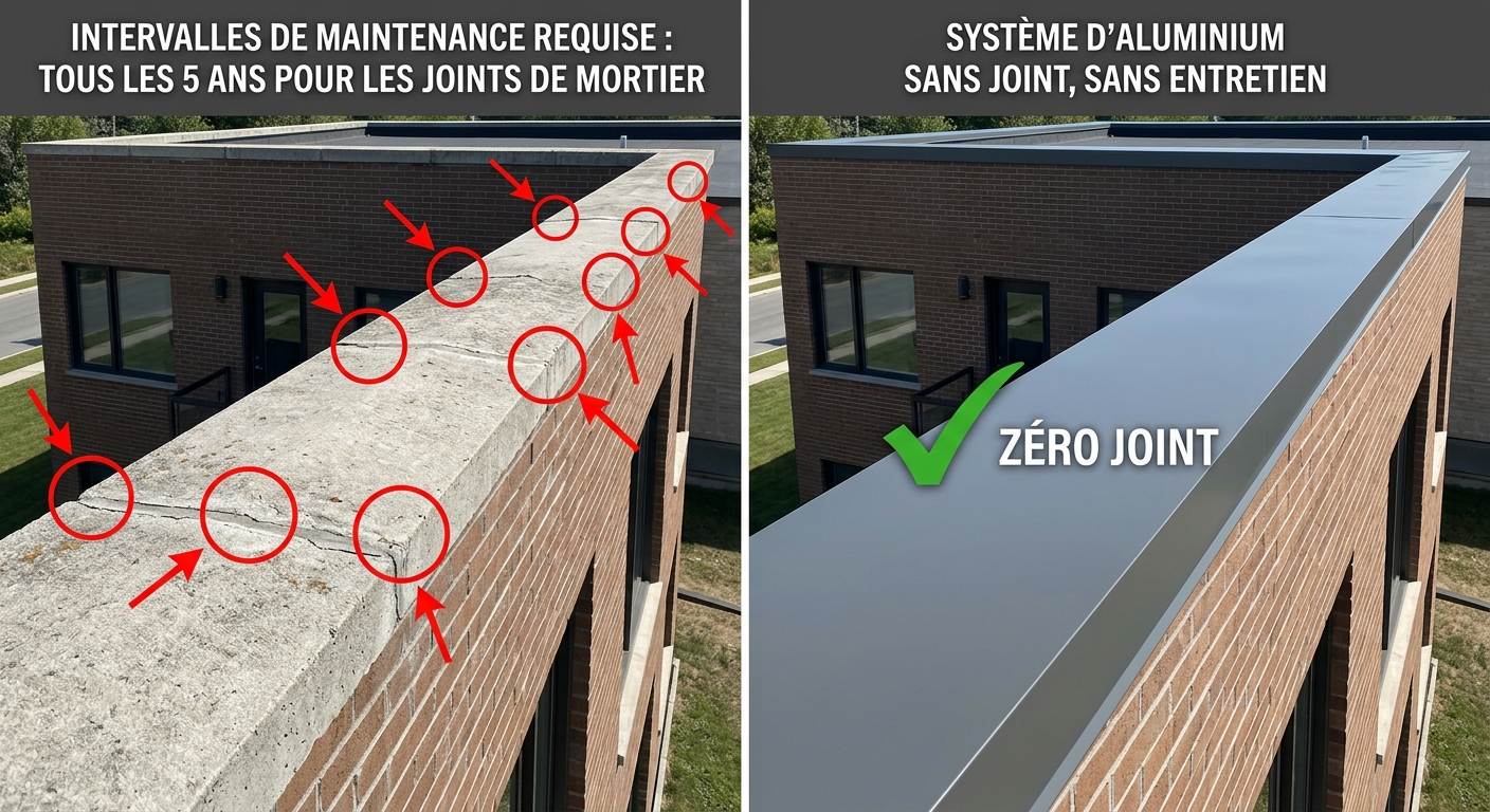Comparaison entretien : couvertine béton (joints multiples à refaire) vs aluminium en continu (0 joint, 0 entretien)