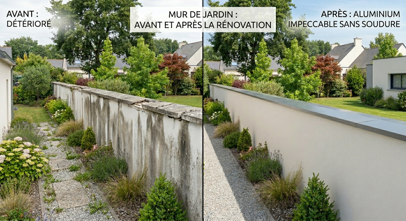 Avant/après rénovation : muret avec couvertine béton fissurée vs couvertine aluminium en continu TB Rénovation