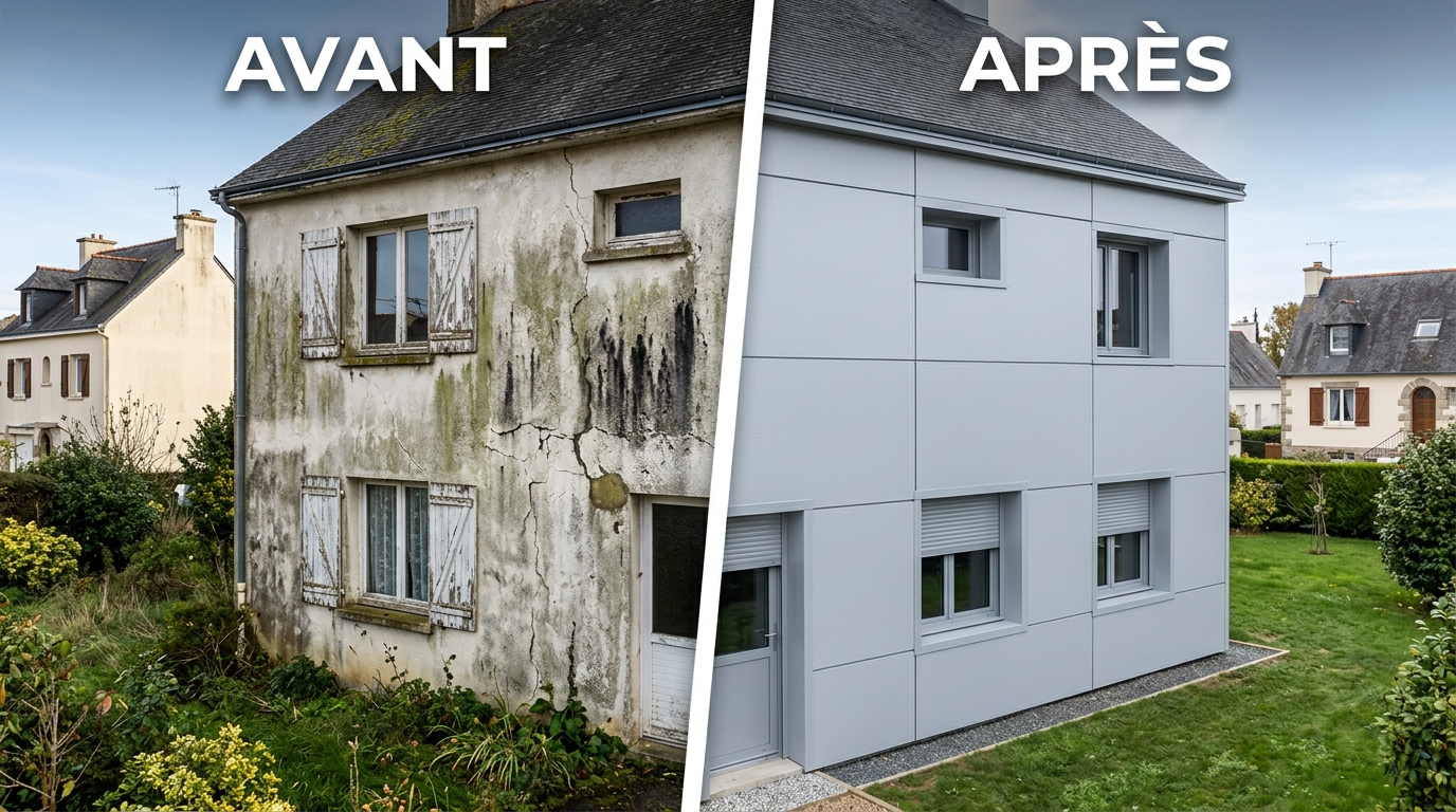 Avant-après habillage de façade aluminium Prefa sur une maison à Bouguenais