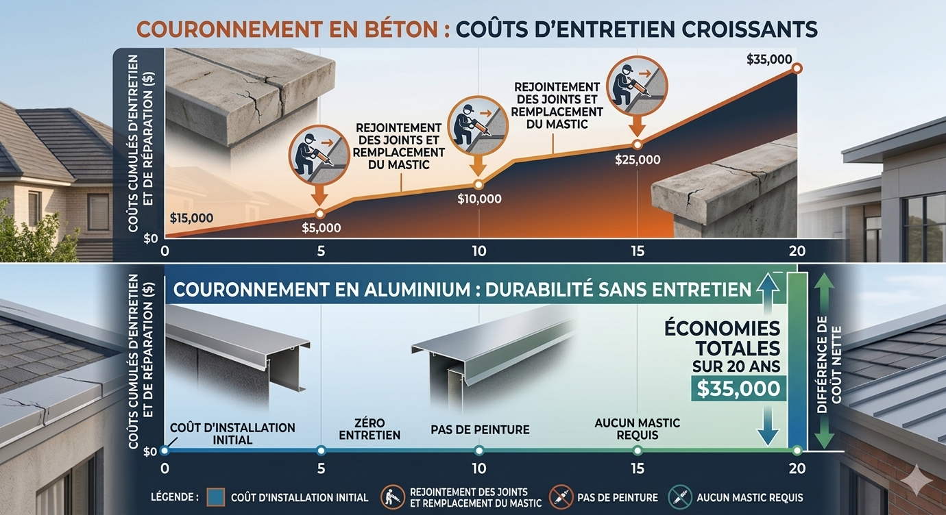 Comparatif coût total sur 20 ans : couvertine béton (entretien joints récurrent) vs aluminium en continu (0 entretien)