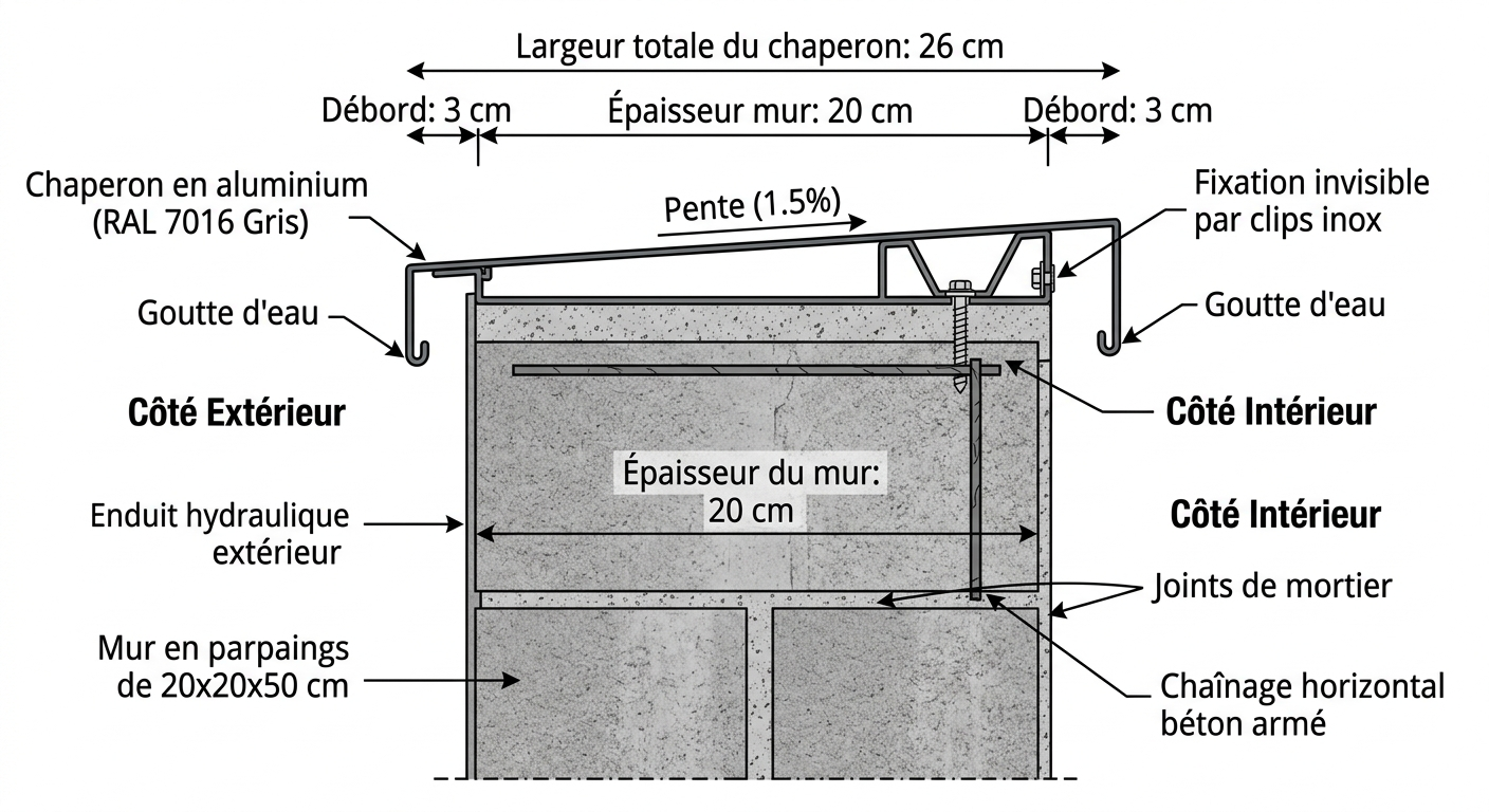 Schéma technique : calcul de la largeur de chaperon pour un muret en parpaing de 20 cm