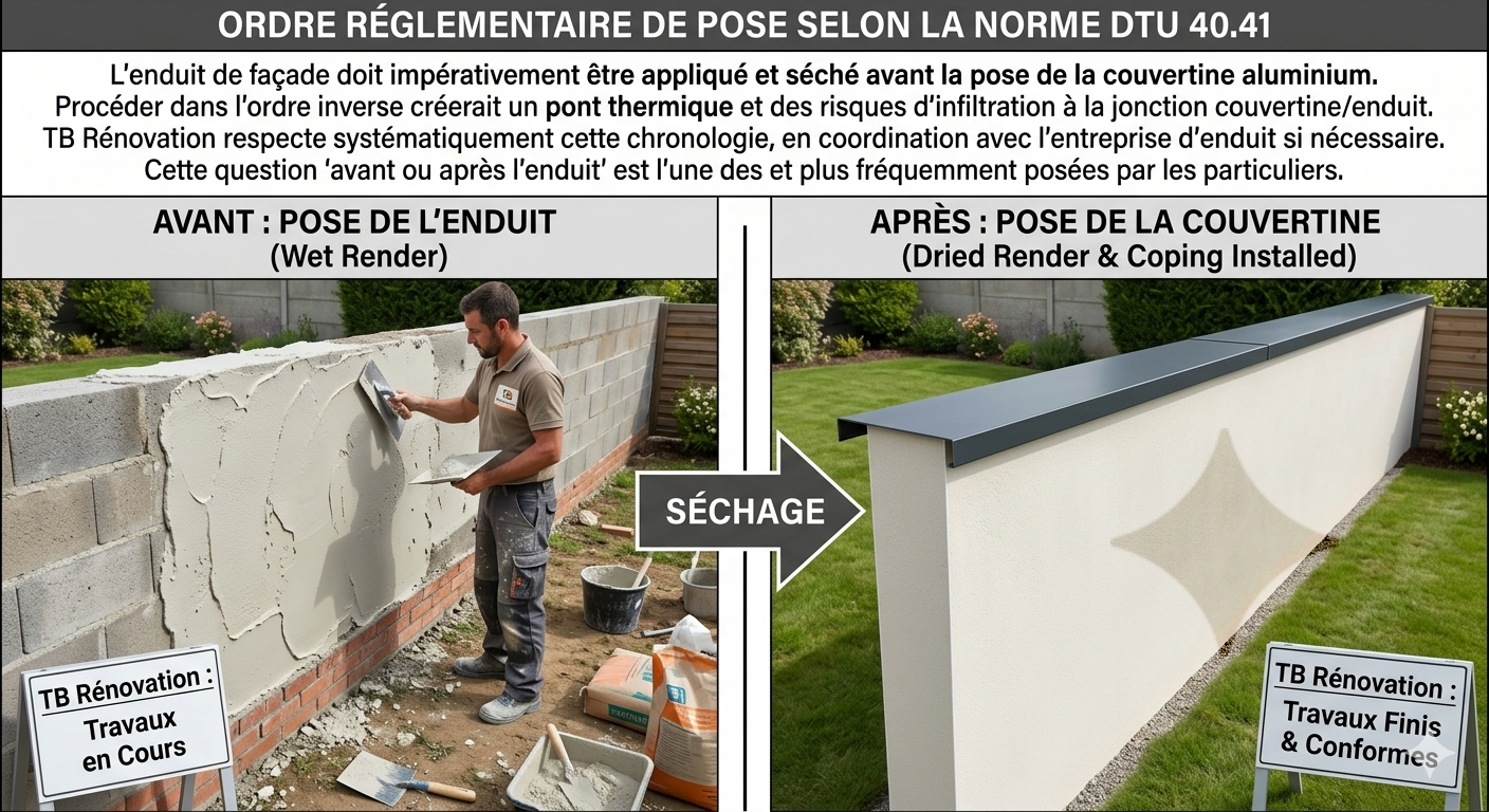 Ordre de pose obligatoire selon DTU : enduit du muret en premier, couvertine aluminium ensuite