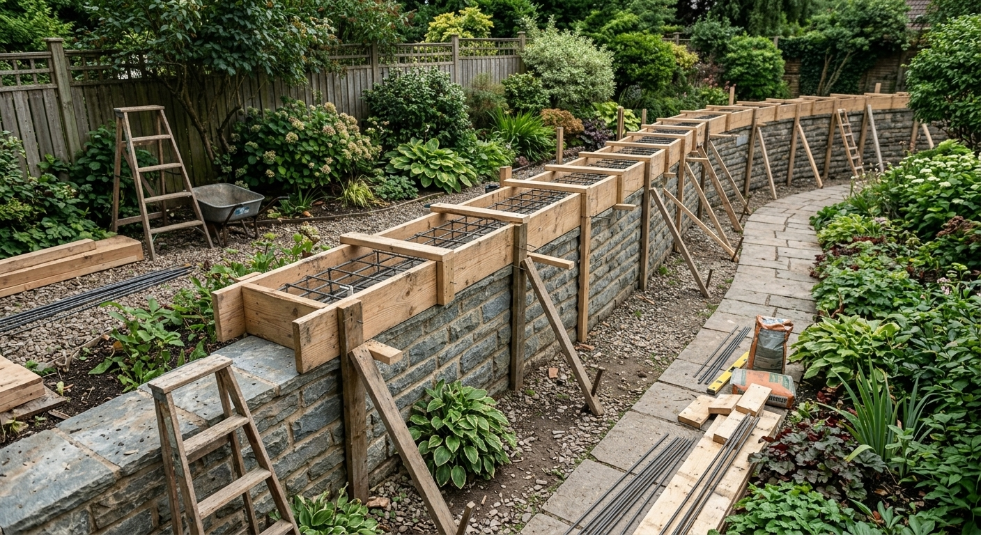 Coffrage en bois pour coulage de couvertine béton sur muret — technique de fabrication in situ