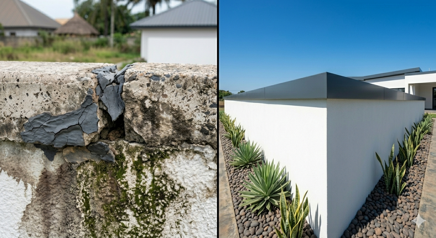 Comparatif entre une couvertine béton fissurée et une couvertine aluminium en continu.