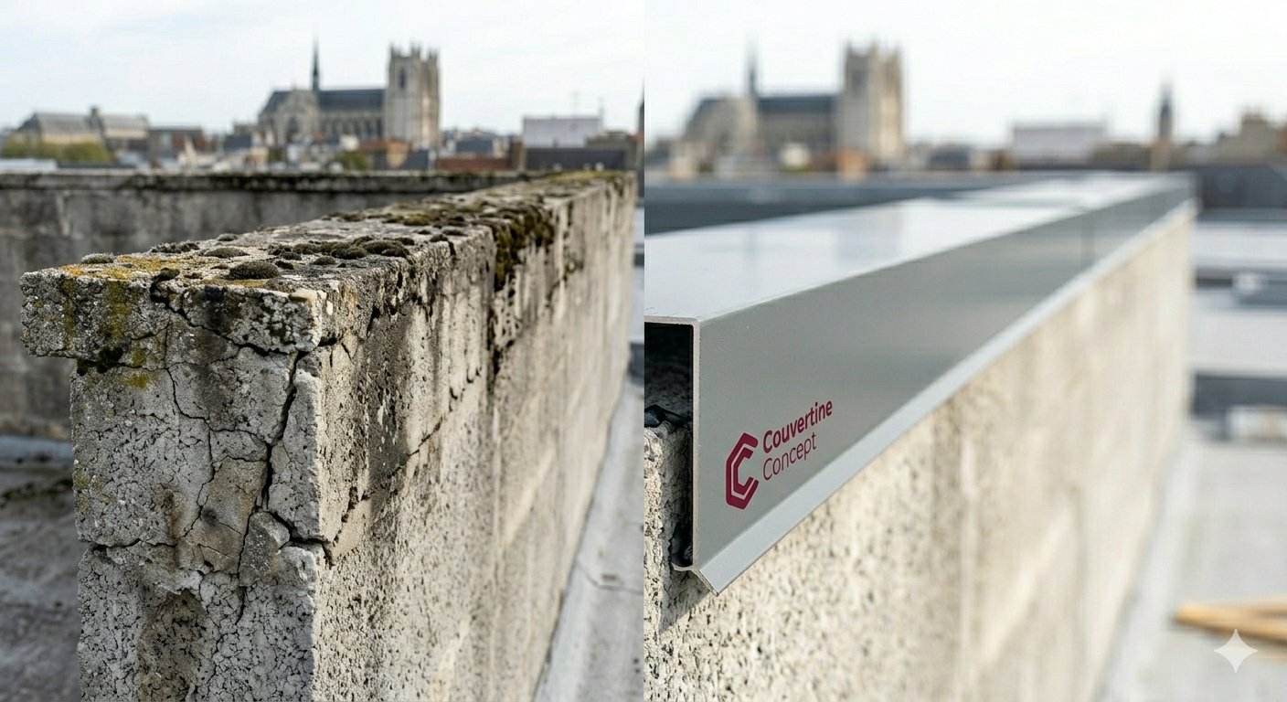 Comparaison entre un ancien chaperon de mur fissuré et une couvertine aluminium neuve sans joint de TB Rénovation.
