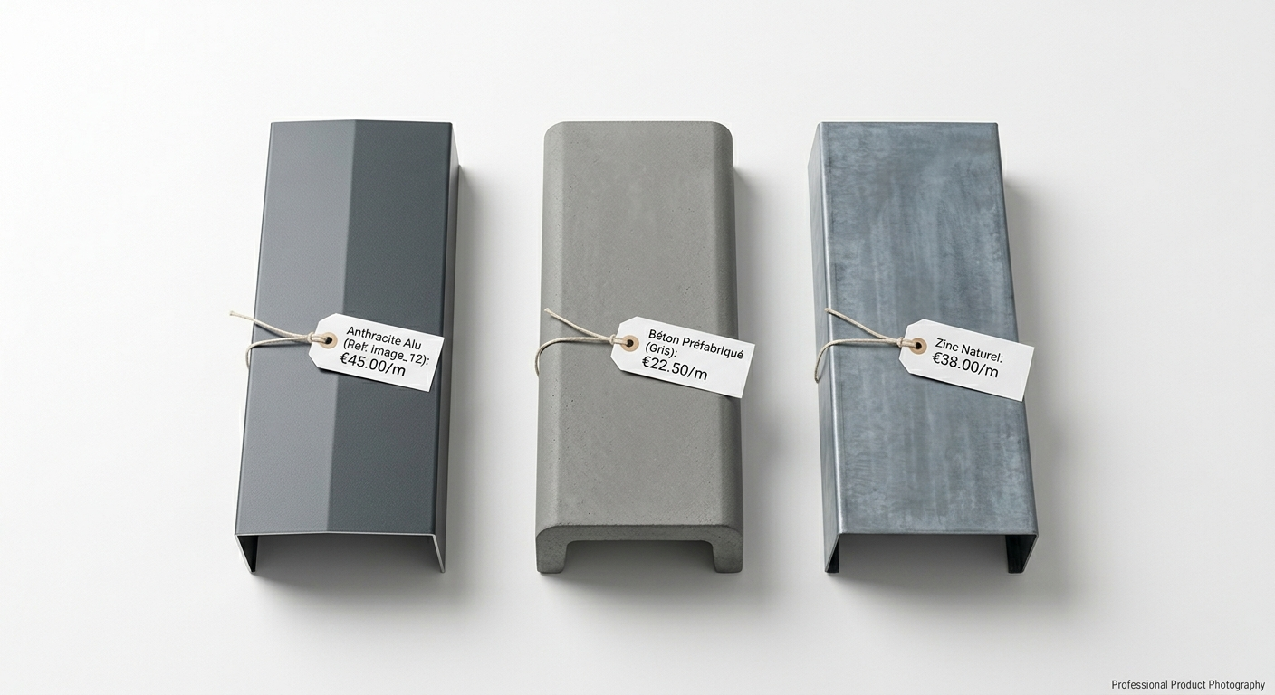 Comparatif visuel des matériaux de couvertine : aluminium, béton et zinc avec fourchettes de prix 2025