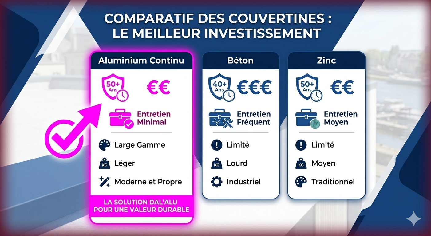 Infographie comparative des prix et de la durée de vie des couvertines alu, béton et zinc.