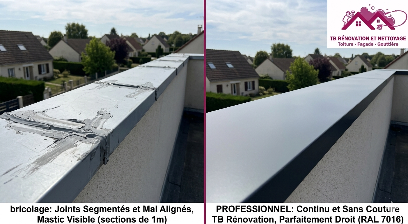 Comparaison visuelle entre une pose de couvertine amateur (joints visibles) et une pose professionnelle en continu.