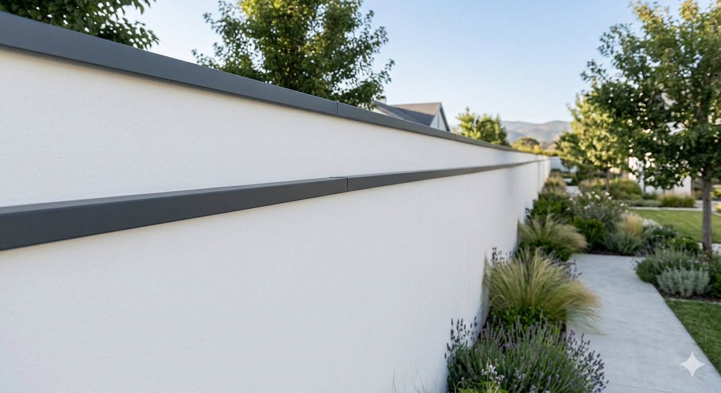 Pose de couvertine aluminium en continu sans joint sur un long muret de clôture à Nantes.