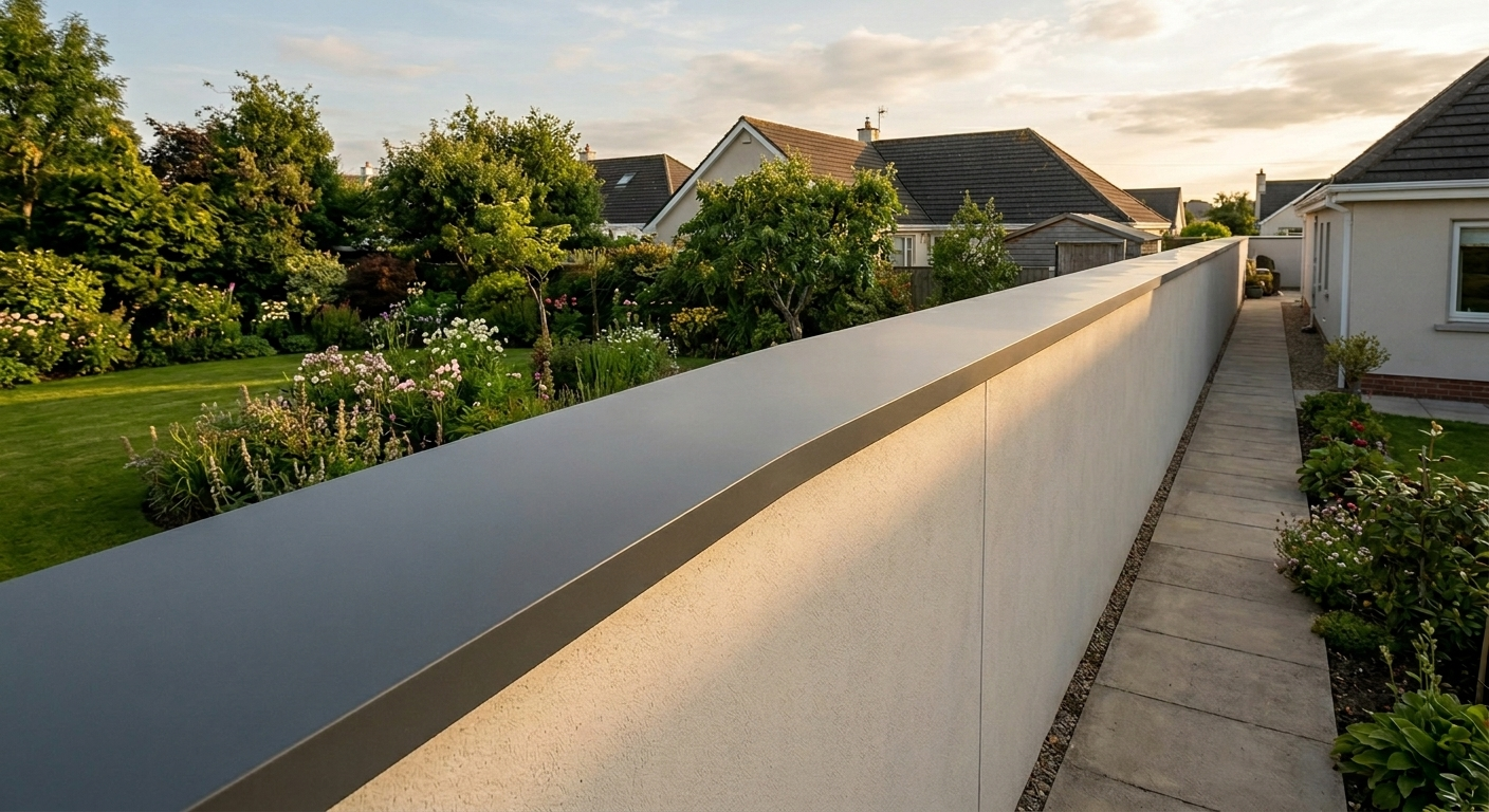 Couvertine aluminium en continu sur 25 mètres de muret : aucun joint visible sur toute la longueur