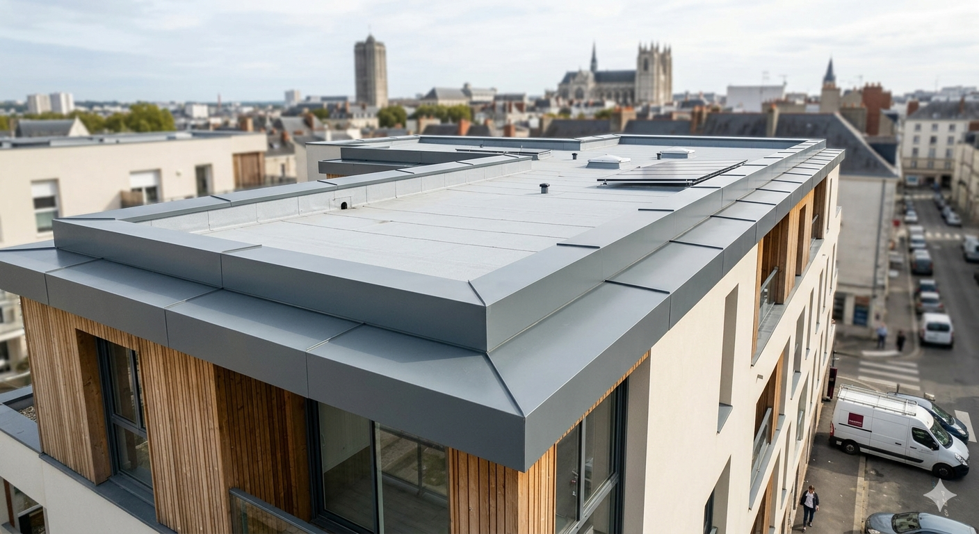 Couvertine sur acrotère en aluminium gris anthracite RAL 7016 installée sur un toit-terrasse moderne à Nantes.