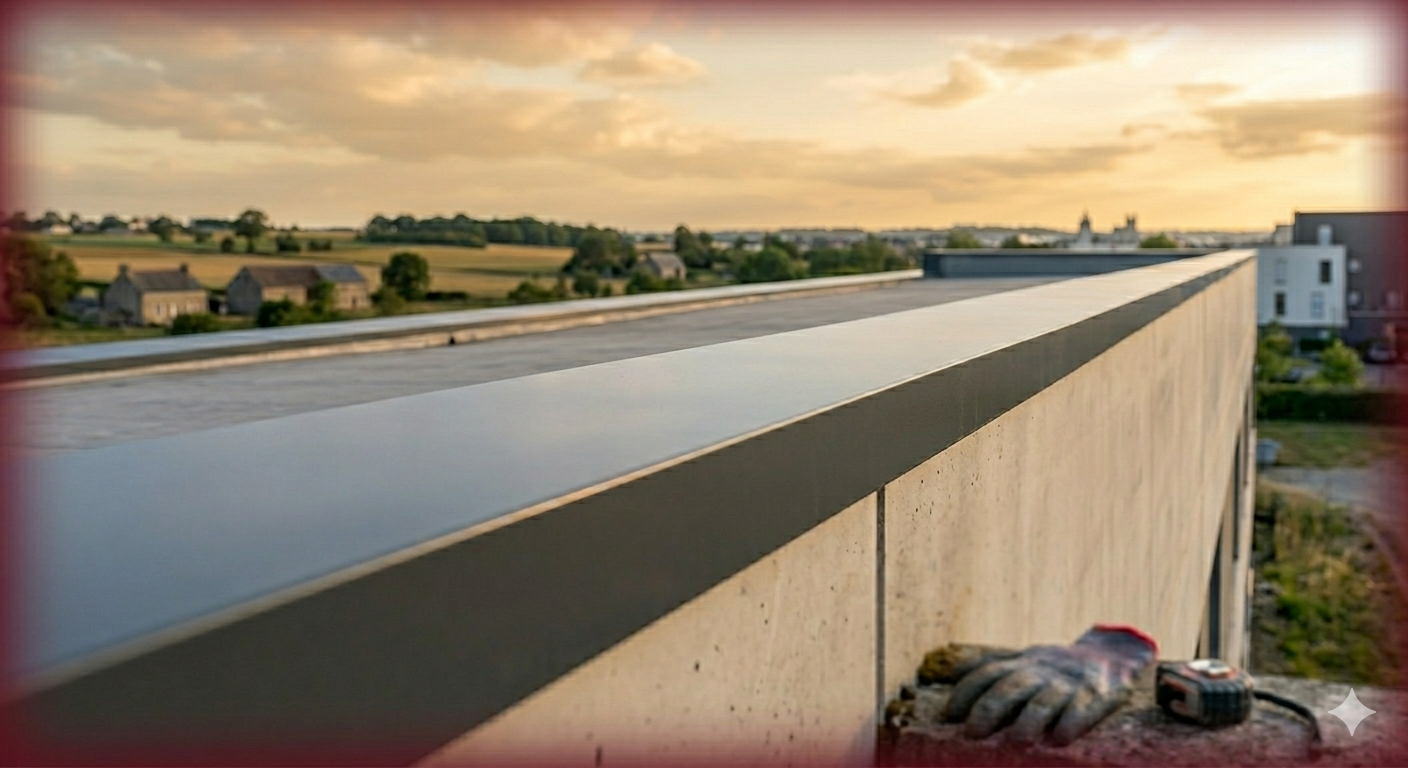 Longue section de couvertine aluminium posée en continu sans aucun joint sur un grand acrotère.