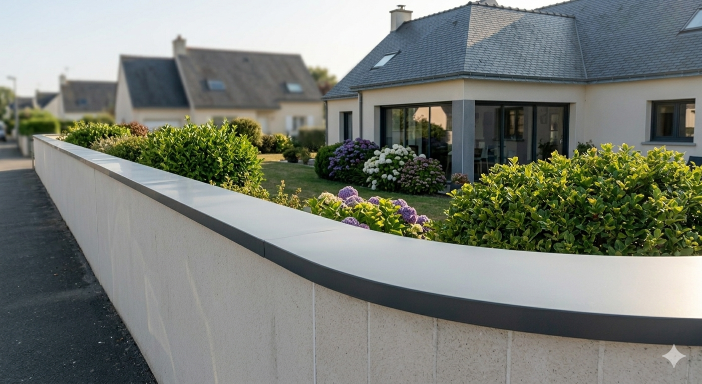 Longue rangée de murets de clôture de jardin surmontés d'une couvertine en aluminium laqué gris anthracite pour la protection.