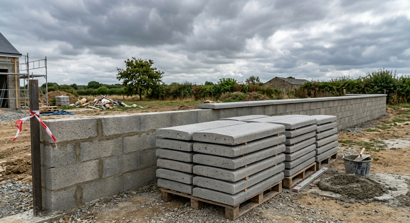 Couvertines béton préfabriquées en attente de pose sur muret — solution économique à l'achat