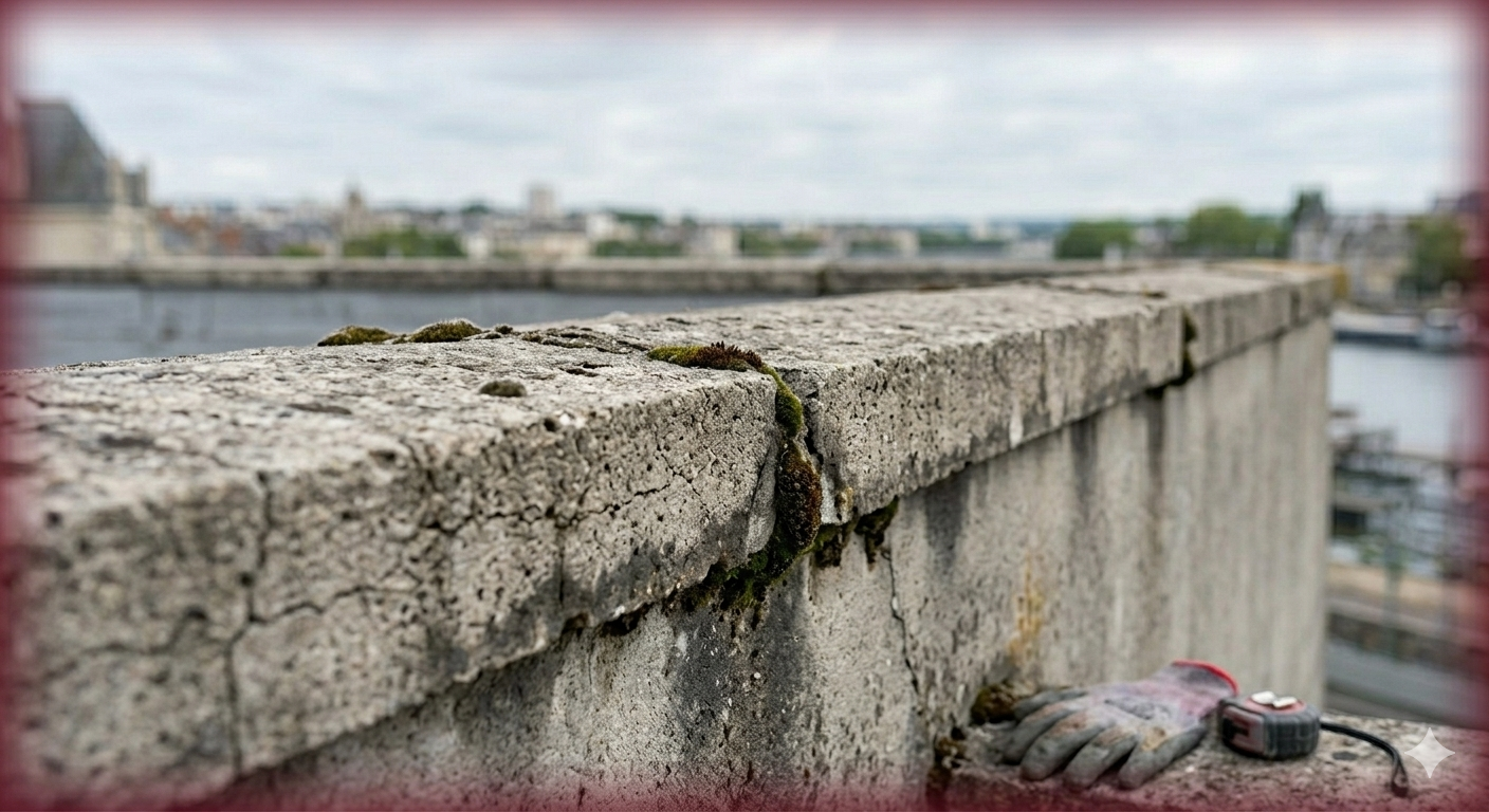 Couvertine en béton vieillissante présentant des fissures, de la mousse et des joints poreux sur un muret.