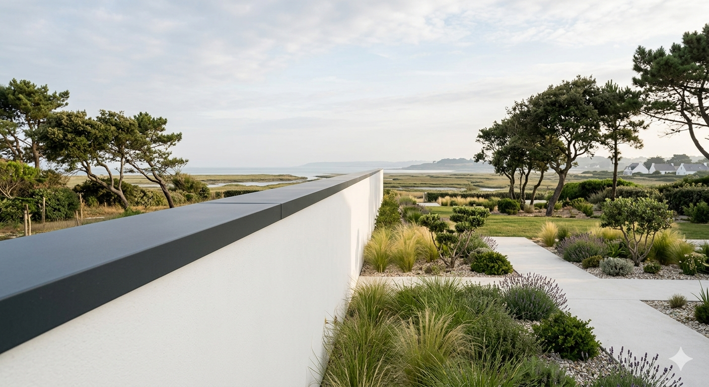 Couvertine aluminium en continu sans joint de dilatation pour muret de clôture.