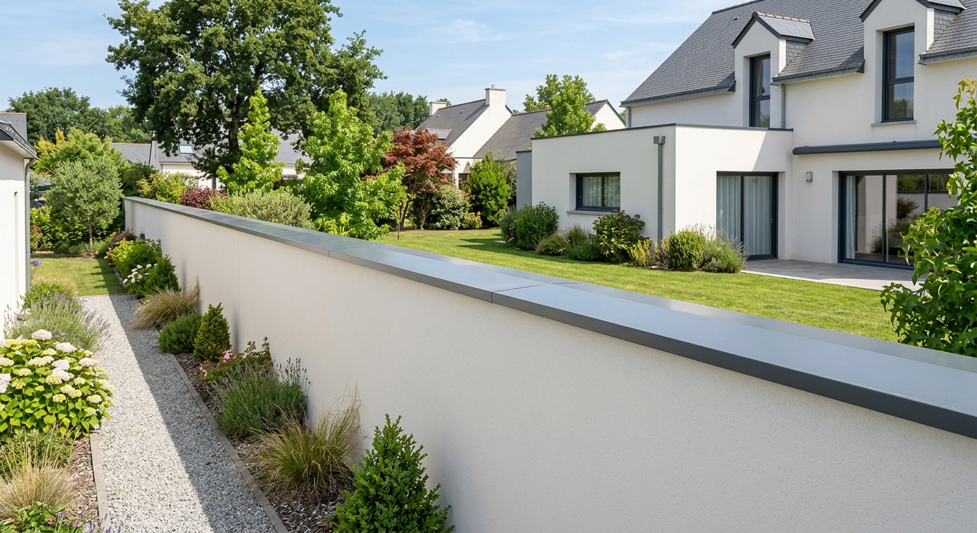 Vue d'ensemble d'un muret de clôture équipé d'une couvertine aluminium gris anthracite en continu par TB Rénovation