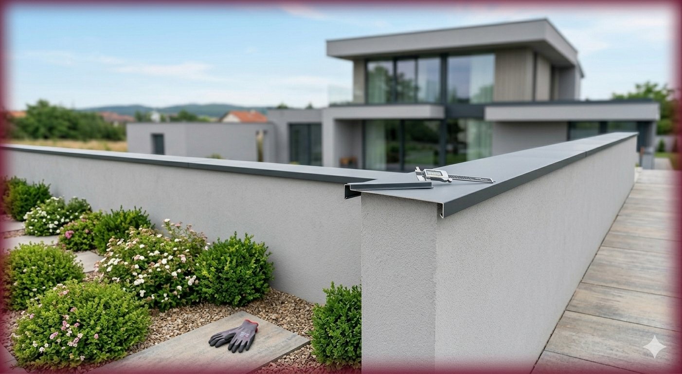 Habillage de muret de clôture avec une couvertine en aluminium laqué gris pour une finition esthétique et durable.