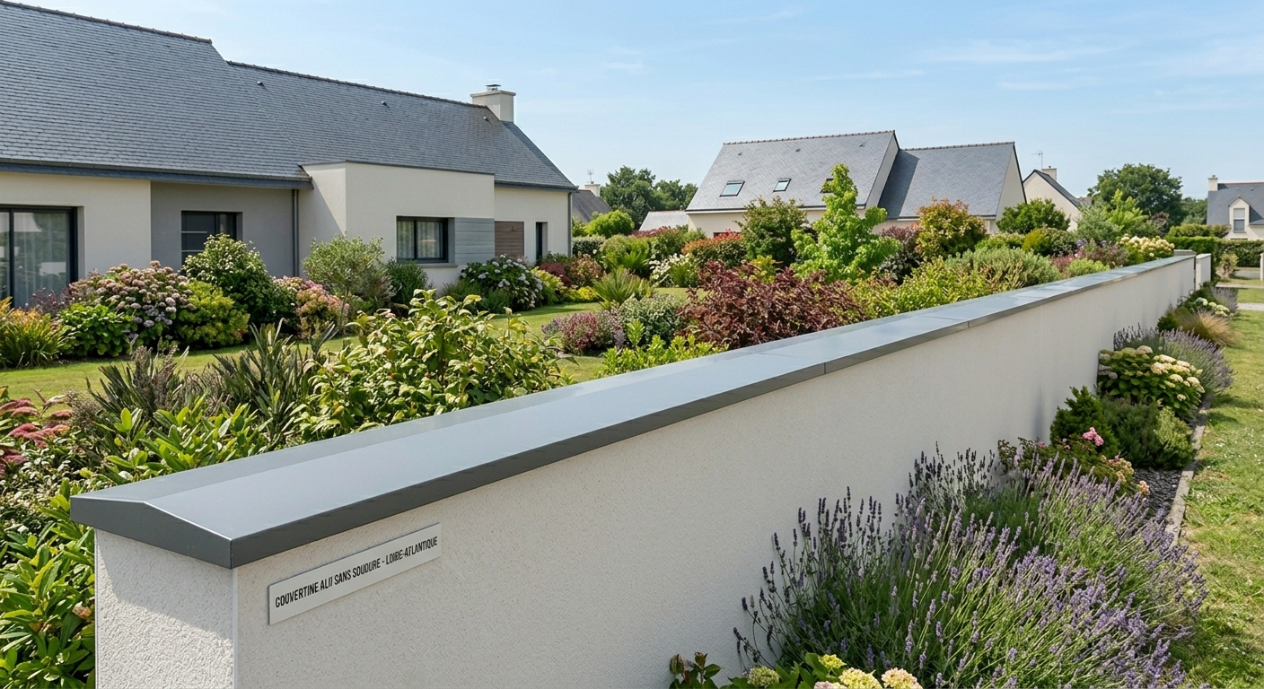 Résultat final : couvertine aluminium en continu sur 20 mètres de muret de jardin sans aucun joint visible — TB Rénovation Nantes