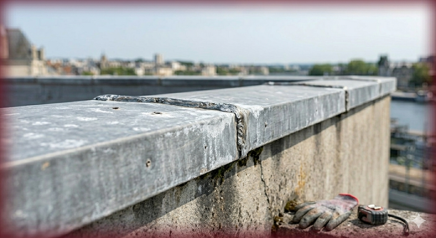 Couvertine en zinc avec joints soudés visibles et début de corrosion marine en zone côtière.