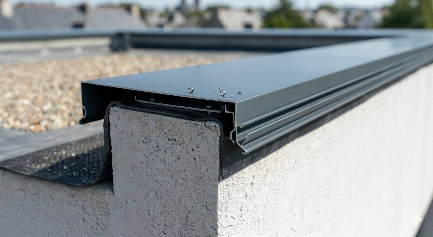 Détail du débord latéral de 30 à 50 mm d'une couvertine sur un muret