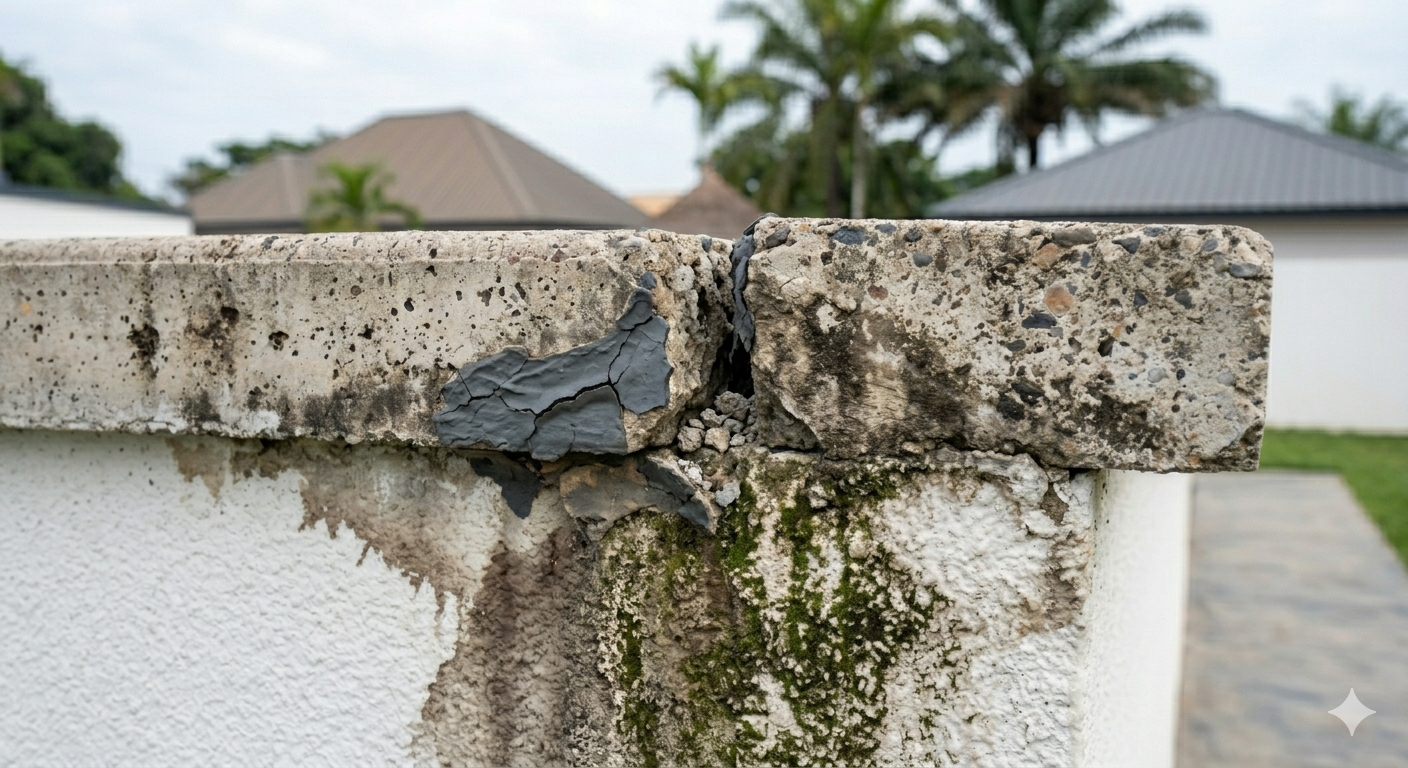 Infiltration d'eau à travers un joint de couvertine béton dégradé.