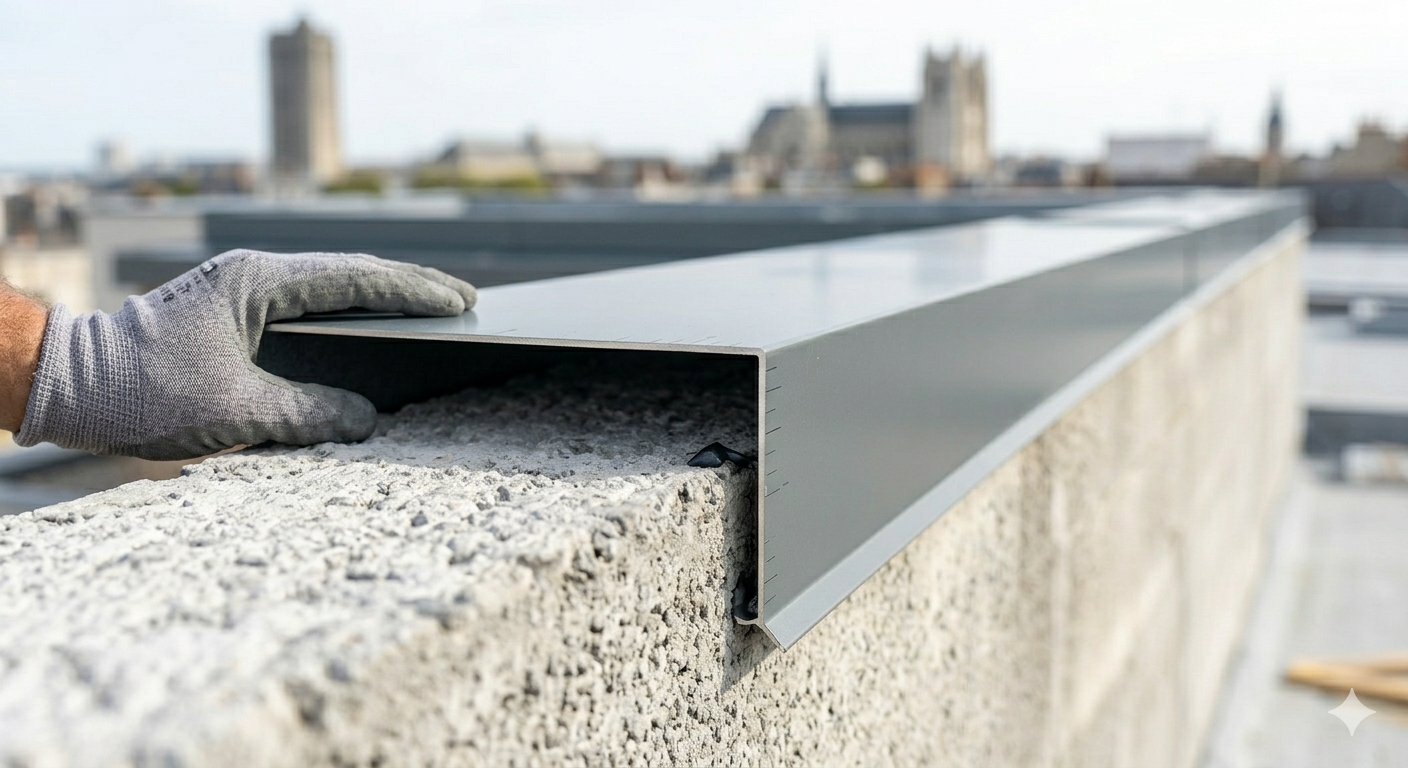 Gros plan technique d'une couvertine en métal protégeant un muret d'acrotère en béton contre les infiltrations d'eau.