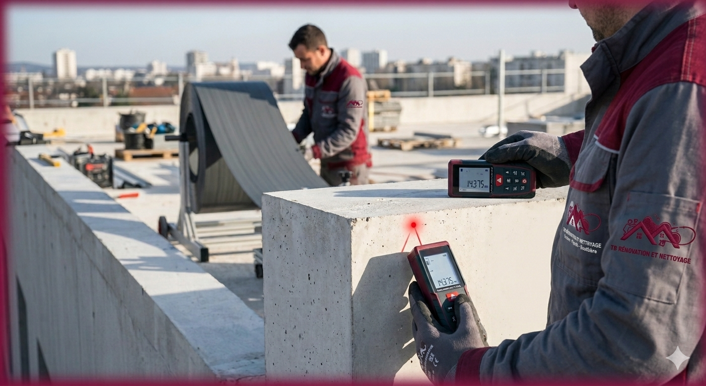 Mesure de précision par un artisan pour le devis de pose d'une couvertine en aluminium sur mesure en Loire-Atlantique.