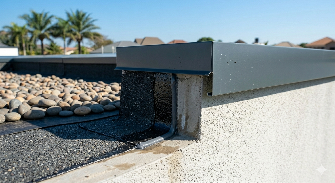 Détail technique d'un relevé d'étanchéité sur acrotère protégé par une couvertine métallique.