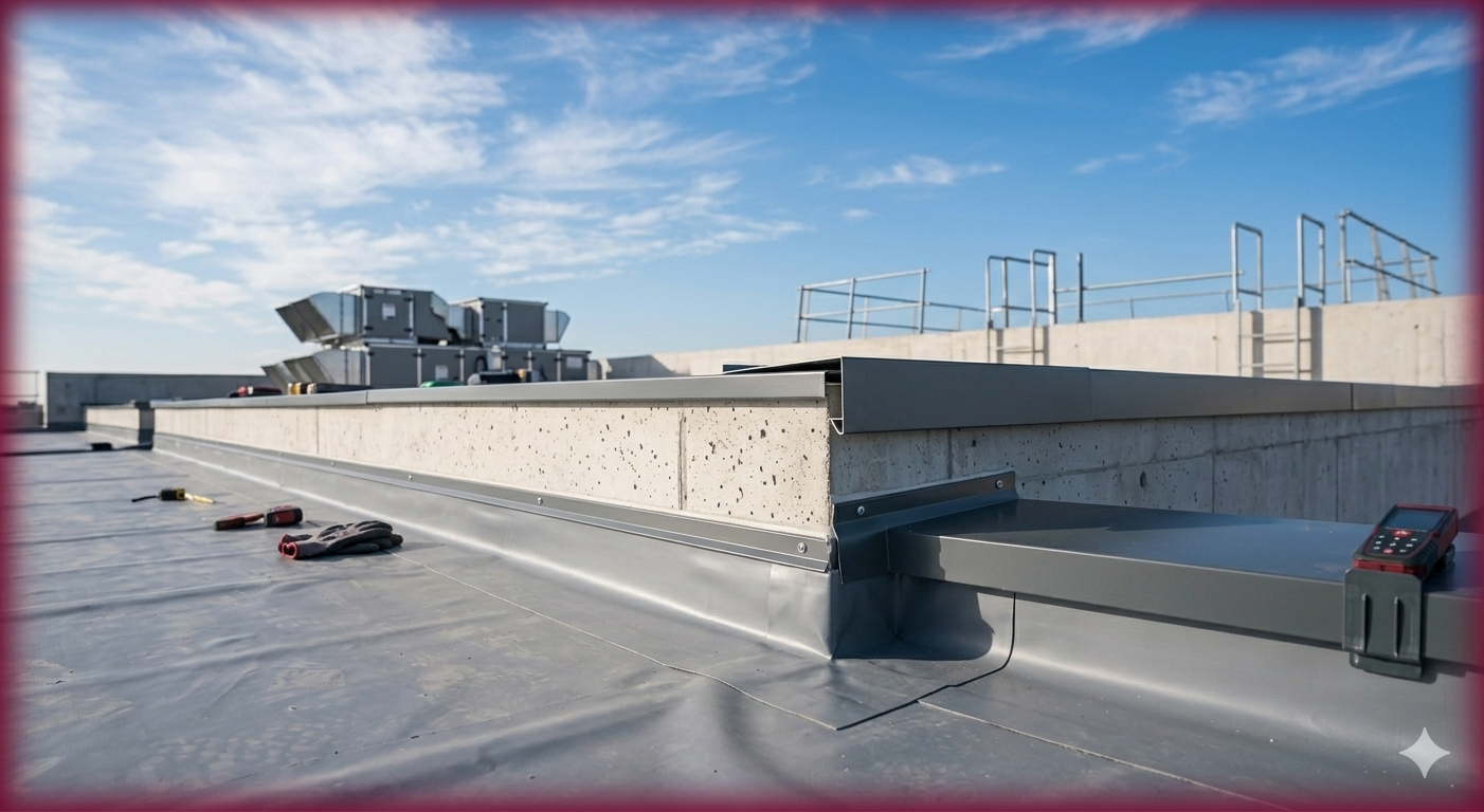 Détail de l'étanchéité d'un acrotère avec une couvertine aluminium assurant la jonction avec la membrane de toiture.