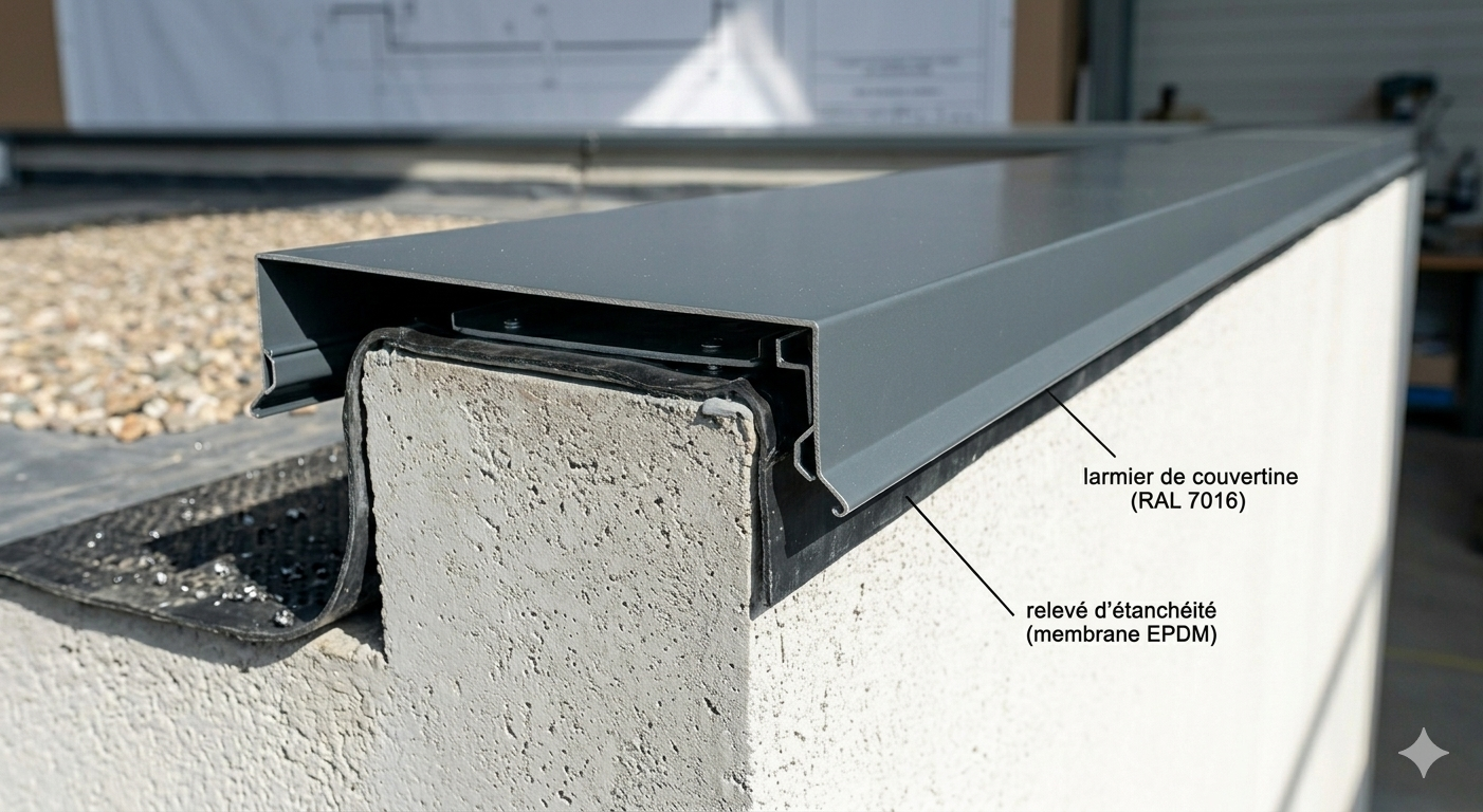 Vue technique de l'acrotère d'une toiture-terrasse avec la membrane d'étanchéité remontant sous la couvertine aluminium.