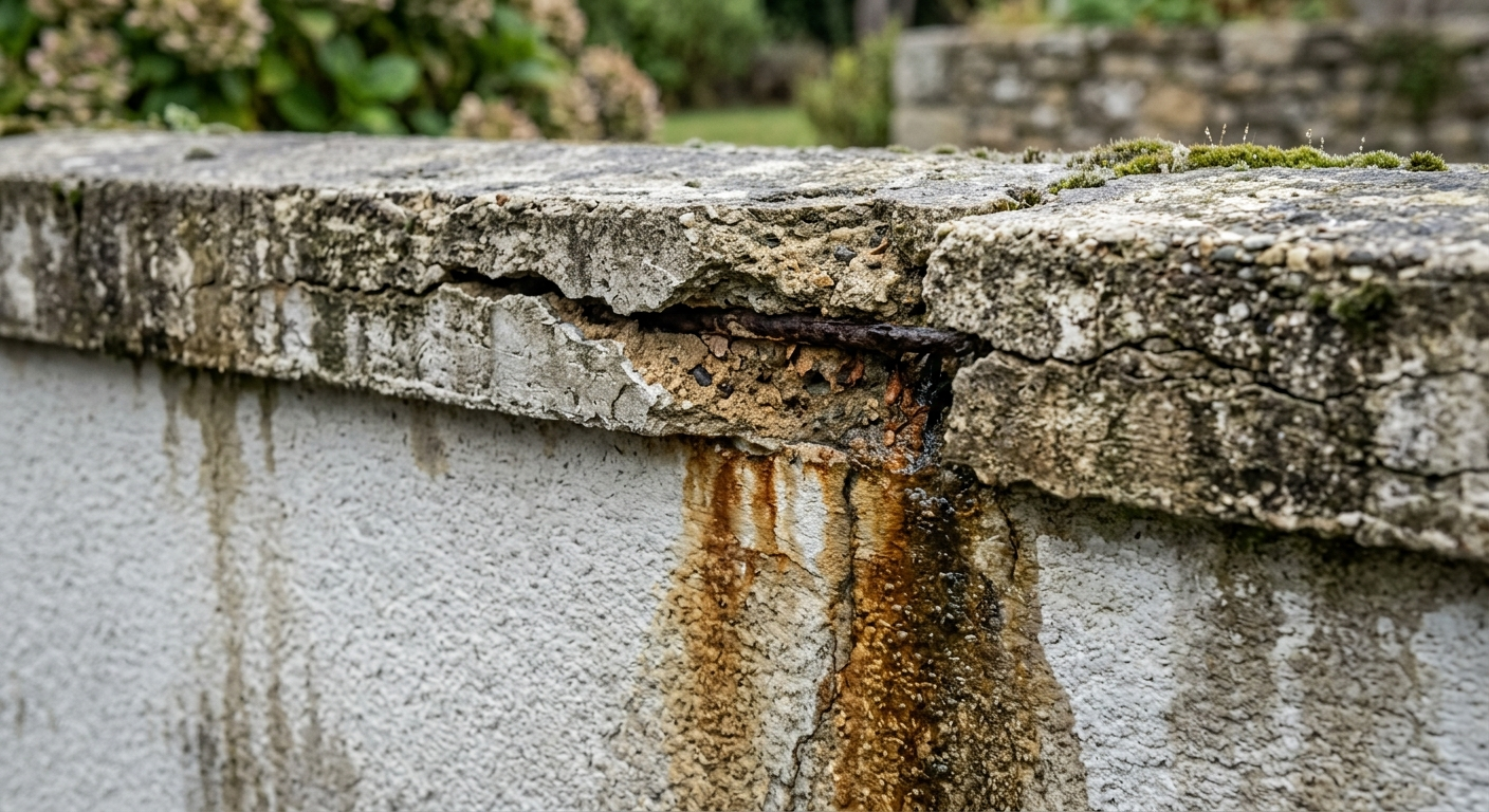 Joints de couvertine béton fissurés avec infiltrations d'eau — dégradation visible après 8 à 10 ans