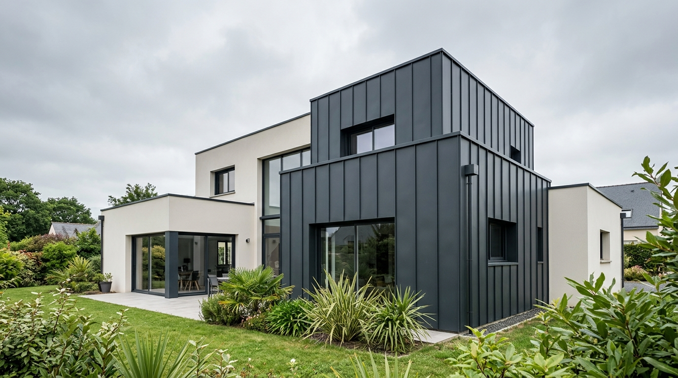 Habillage de façades en aluminium Prefa anthracite sur maison moderne à Bouguenais