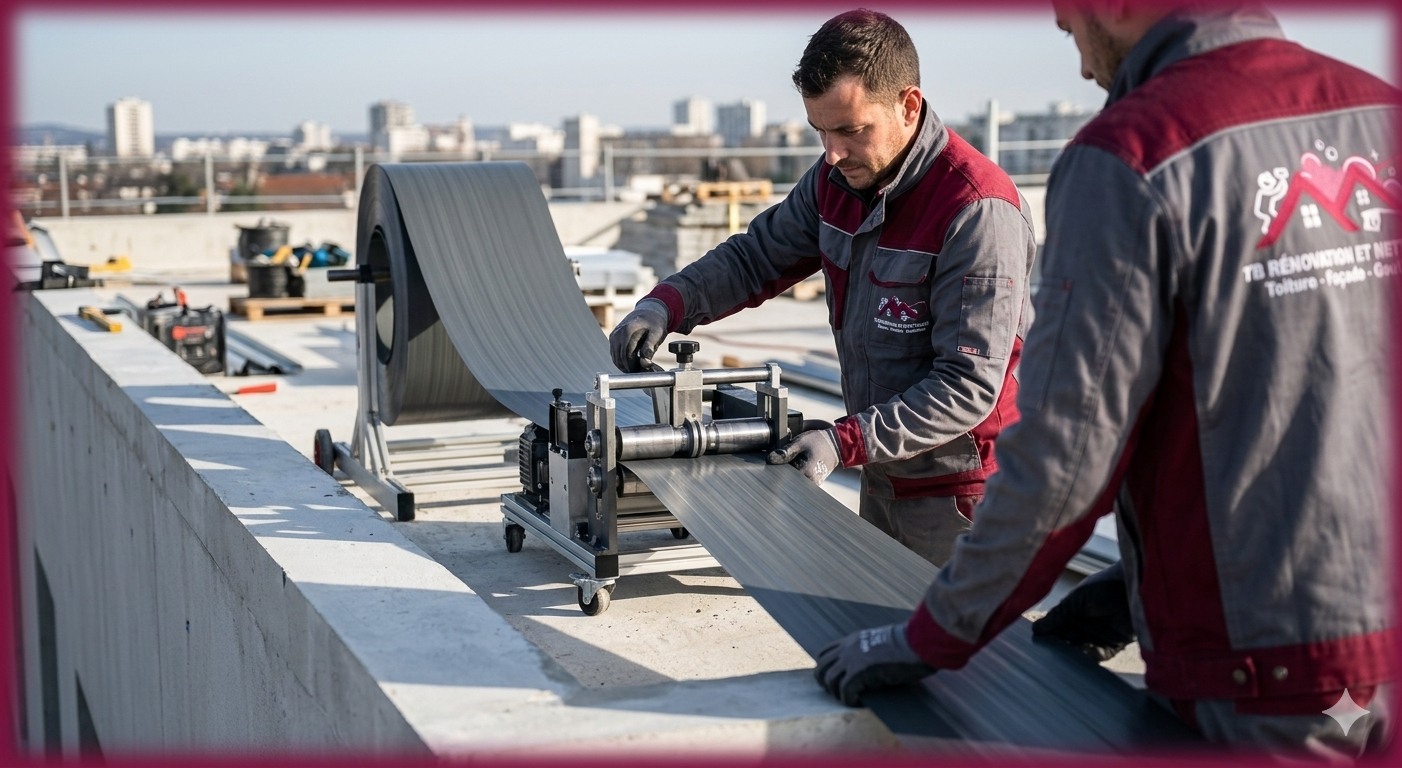 Installation d'une couvertine en continu sur un toit plat par l'équipe de TB Rénovation et Nettoyage utilisant une profileuse embarquée.