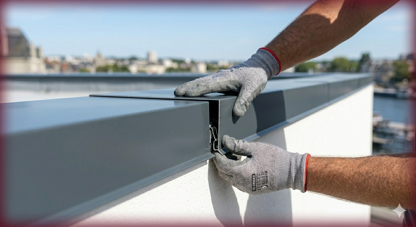 Artisan en train de poser une couvertine aluminium professionnelle RAL 7016 en Loire-Atlantique.