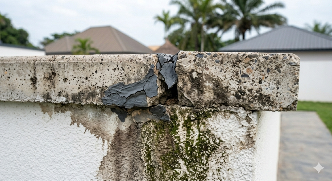 Fissure dans un joint de couvertine en béton provoquant des infiltrations d'eau