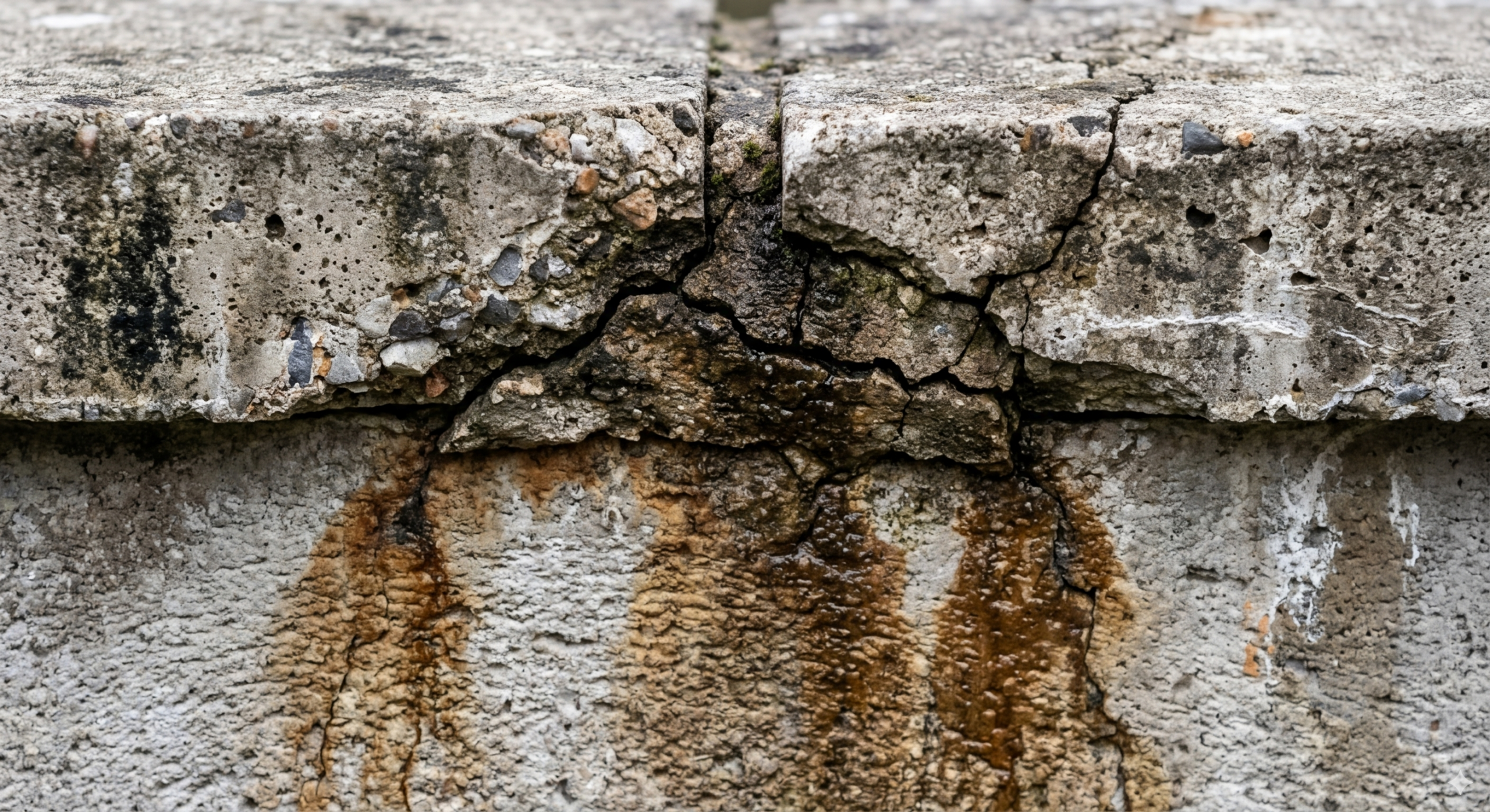 Joints de couvertine béton fissurés avec traces d'infiltration d'eau — problème récurrent après 8 à 10 ans