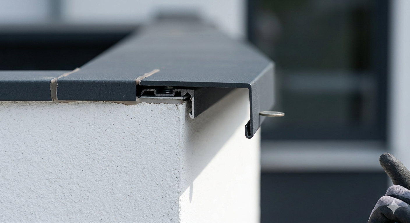 Détail d'une couvertine aluminium sur mesure sur un muret en parpaing de 20 cm.