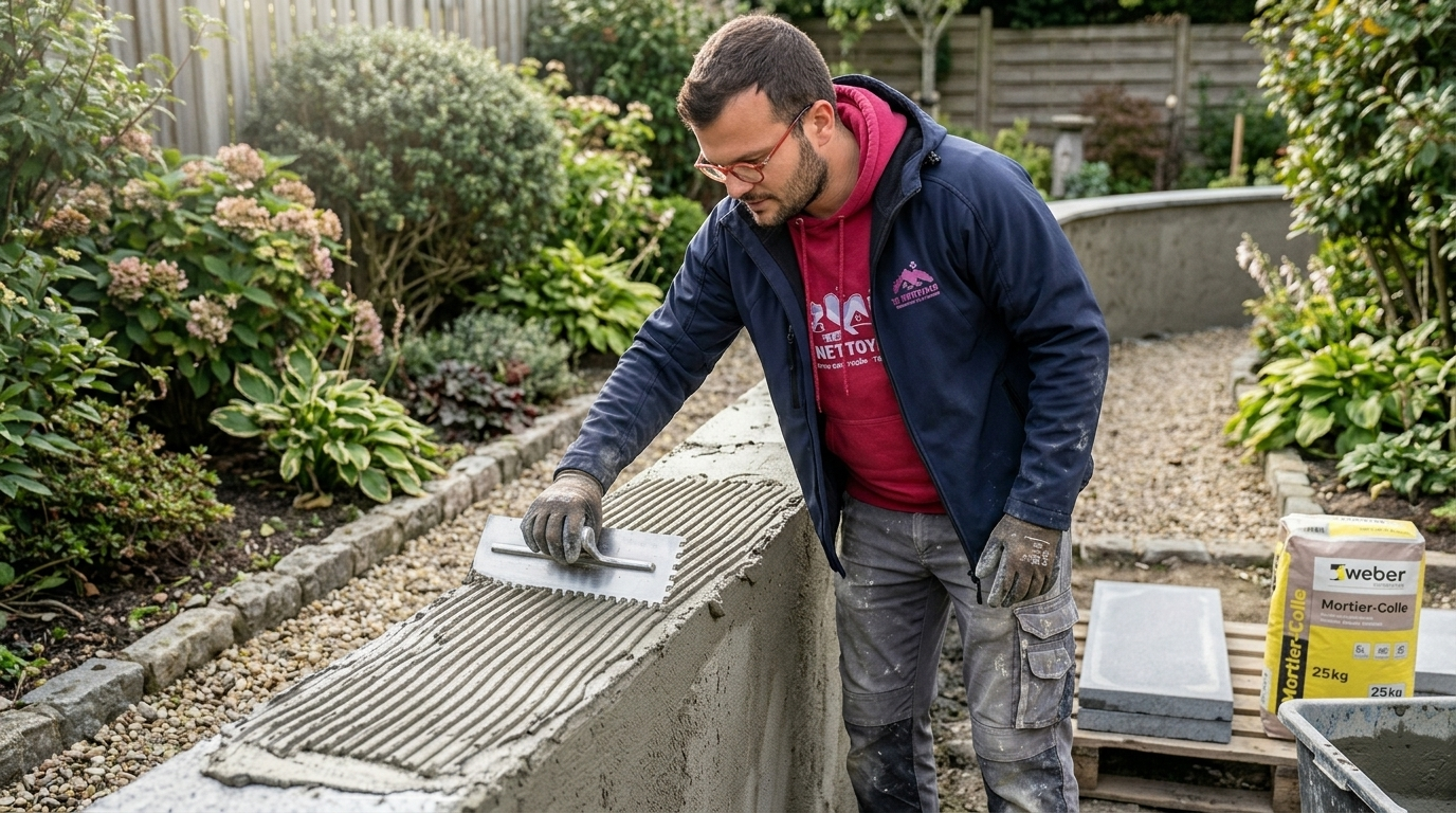 Application de mortier-colle par un professionnel pour la pose de chaperon de muret béton