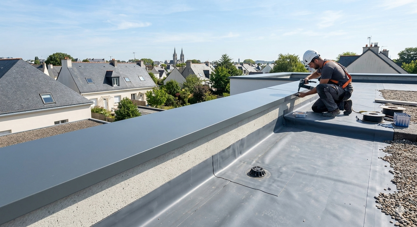 Pose professionnelle d'une couvertine aluminium en continu sur l'acrotère d'une toiture-terrasse à Nantes.