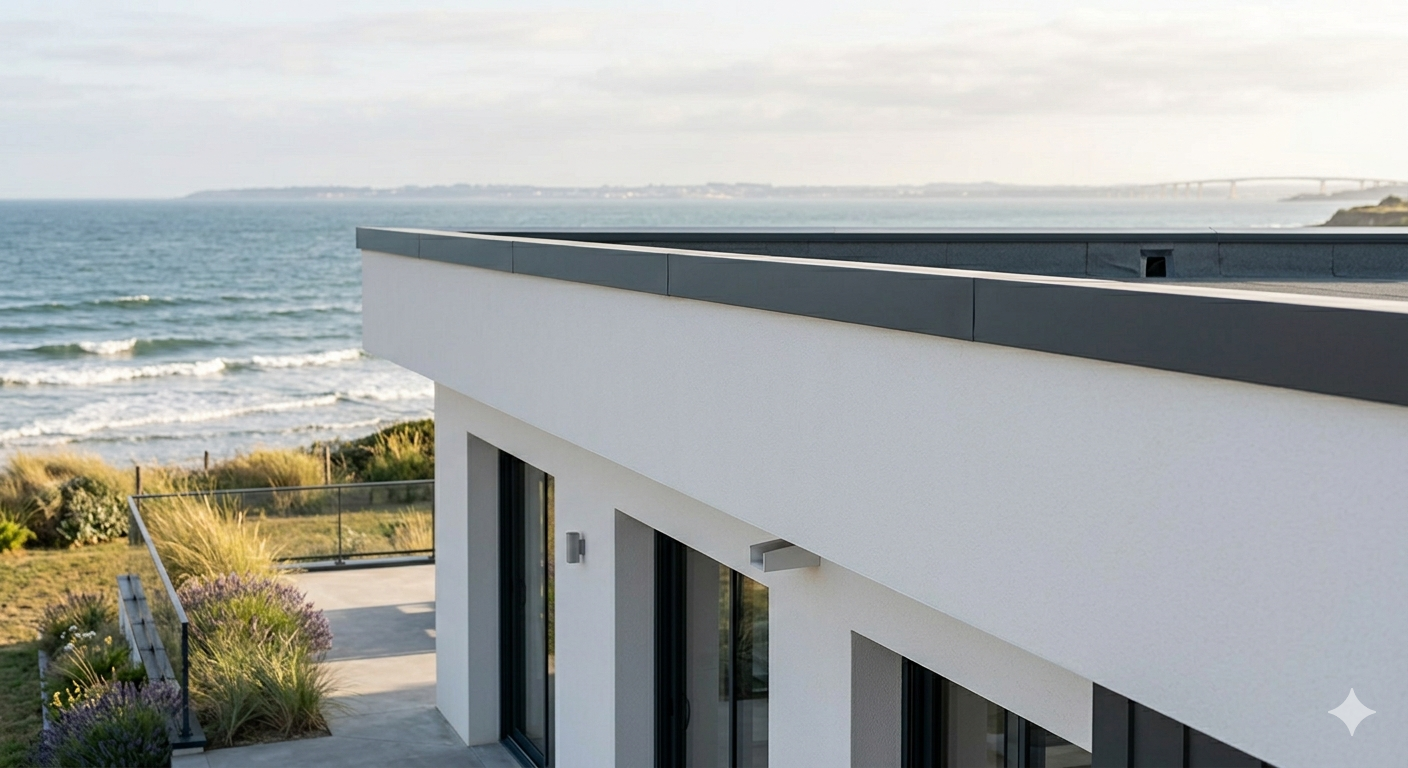 Pose de couvertine aluminium sur acrotère à Saint-Nazaire résistant à la corrosion marine.