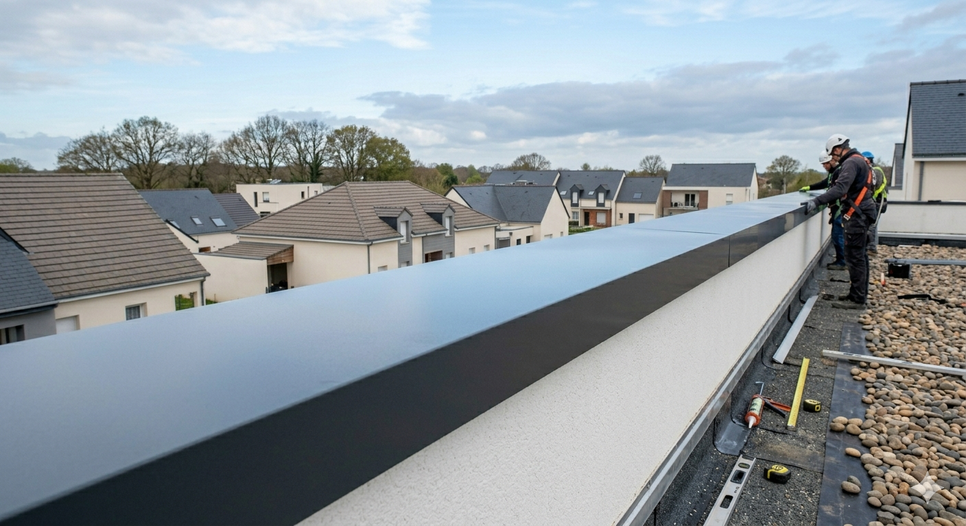 Installation d'une couvertine en aluminium sans joint profilée sur mesure pour un toit terrasse.