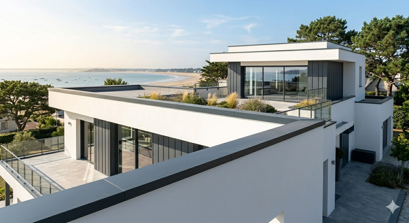Couvertine aluminium anthracite RAL 7016 sur l'acrotère d'une villa contemporaine à La Baule.