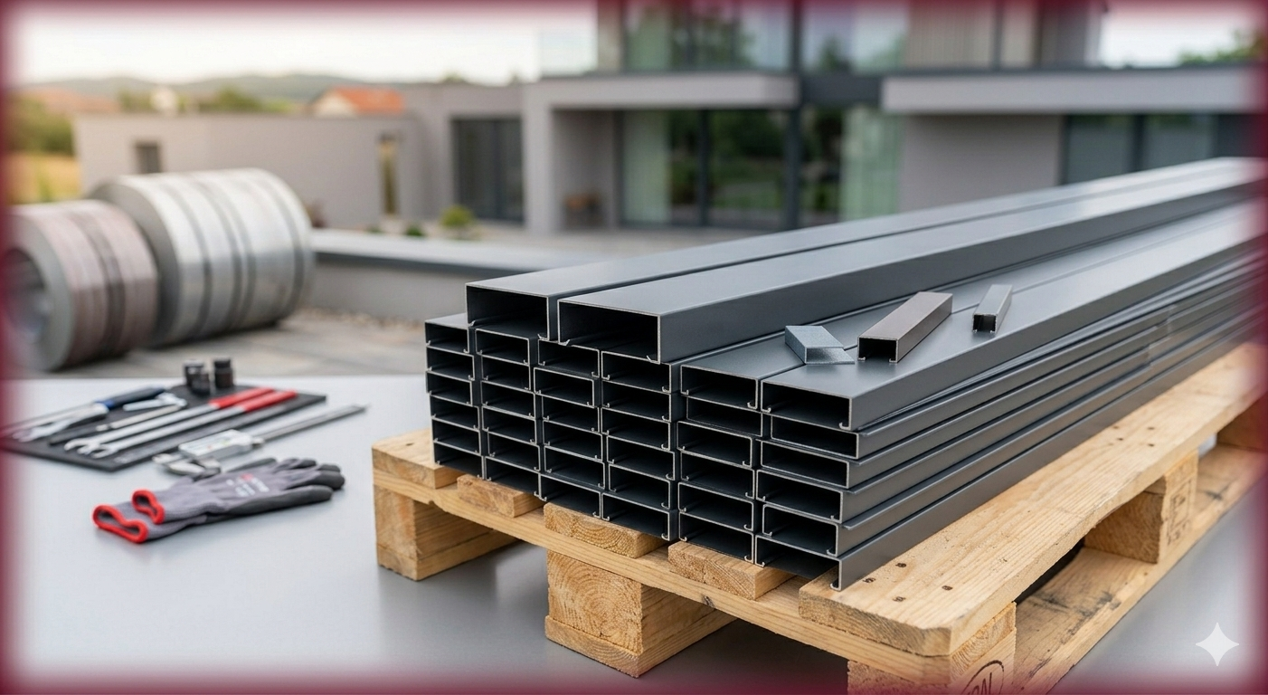 Stock de profilés aluminium de qualité professionnelle type Dal'Alu pour habillage de toiture et zinguerie.