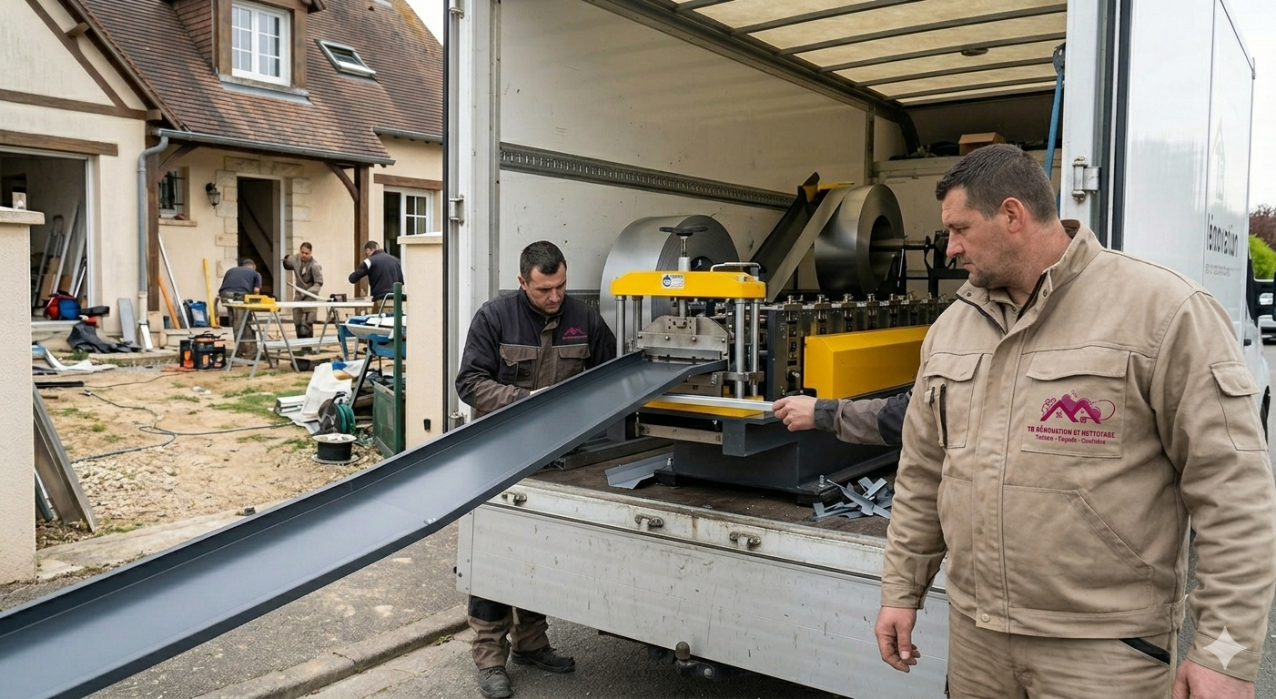 Profileuse professionnelle embarquée façonnant une couvertine aluminium en continu directement sur le chantier.