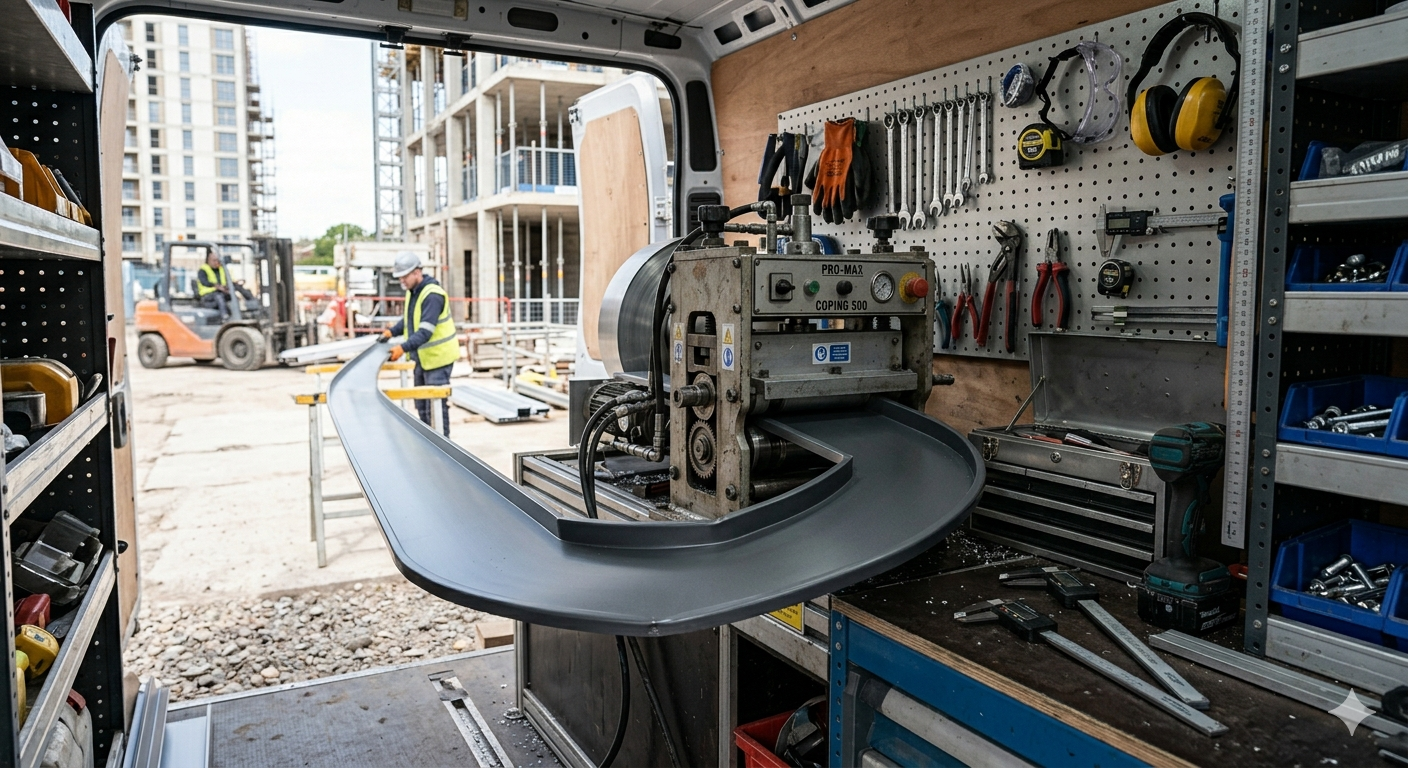 Profileuse embarquée pour fabrication de couvertine aluminium sans joint sur chantier.