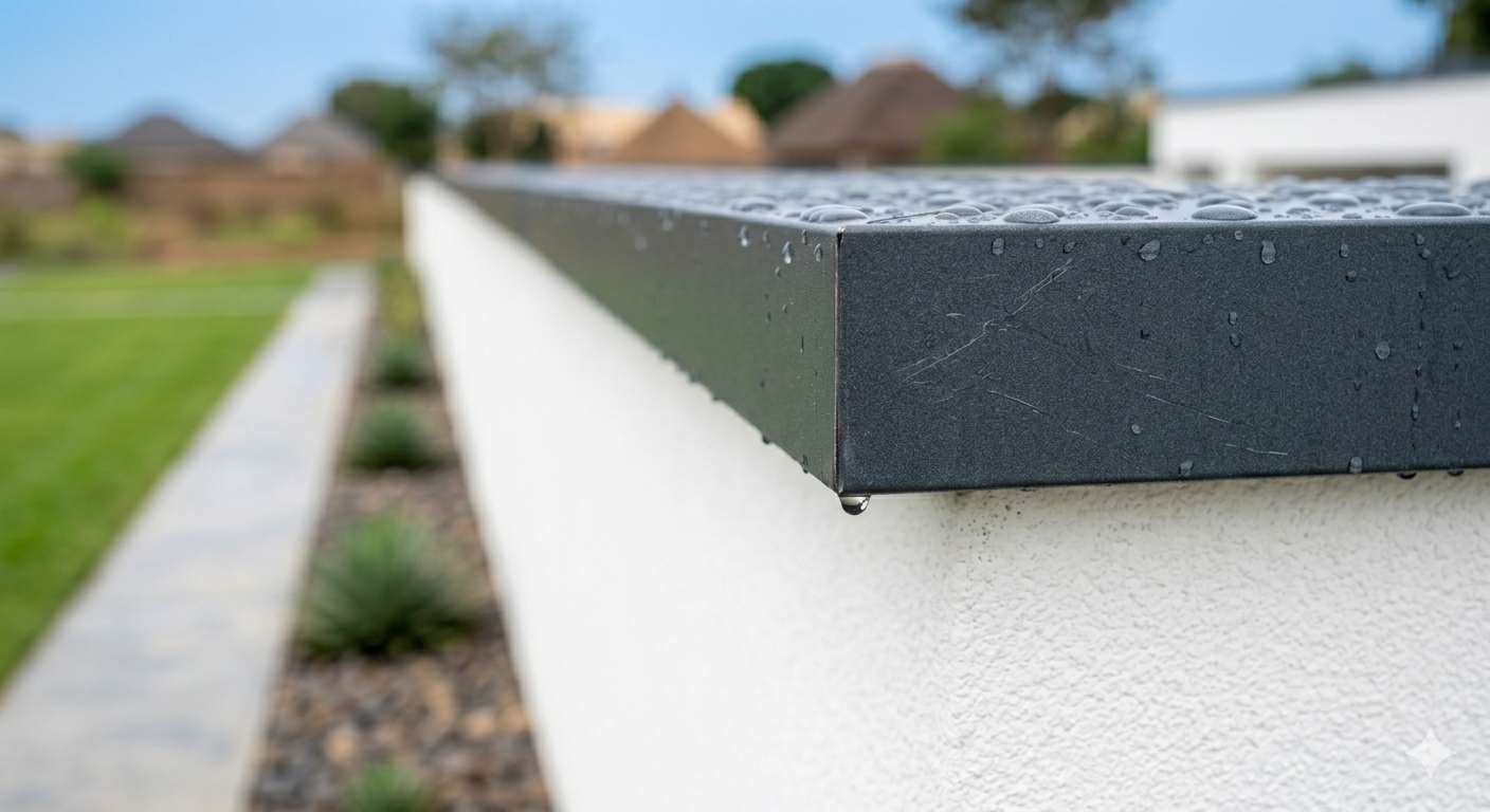 Détail d'une couvertine aluminium avec goutte d'eau pour protéger le crépi du muret
