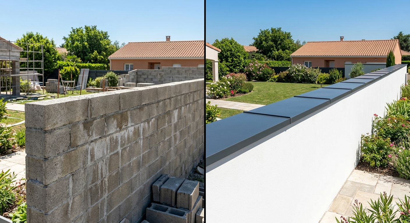 Avant-après : muret en parpaing brut transformé avec une couvertine aluminium en continu.