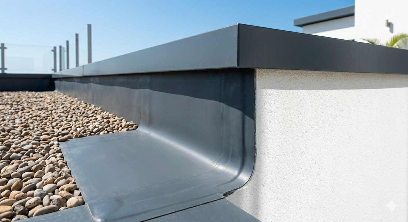 Relevé d'étanchéité et membrane sur la face intérieure d'un acrotère